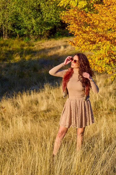 Piękna Elegancka Kobieta Pozująca Słoneczny Jesienny Dzień — Zdjęcie stockowe