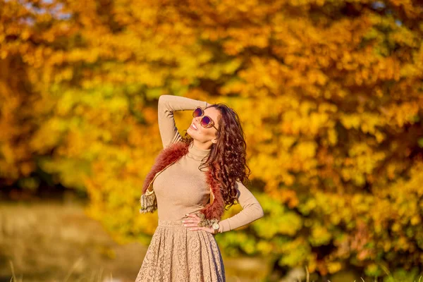 Красивая Элегантная Женщина Позирует Солнечный Осенний День — стоковое фото