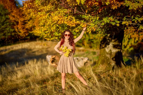 Uma Bela Mulher Elegante Posando Dia Ensolarado Outono — Fotografia de Stock