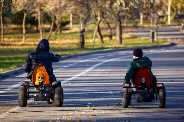 Padre Figlio Nel Parco Andare Bicicletta Visto Dietro — Foto Stock