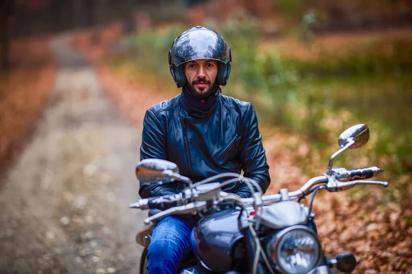 Handsome Biker Forest Autumn — Stock Photo, Image