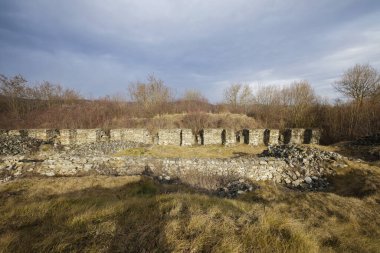 Hunedoara, Romania, January 08-2022. The ruins of the fortress Ulpia Traiana Sarmizegetusa, the Roman fortress of the years. 108-110.
