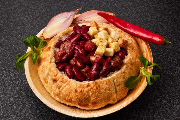 Baked Bean Dish Bread Crust Mexican Food Red Beans Hot — Stock Photo, Image