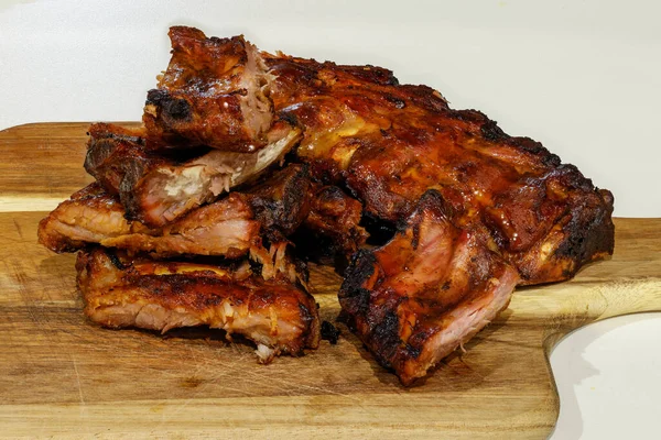 Pork ribs cooked on a wood chipper