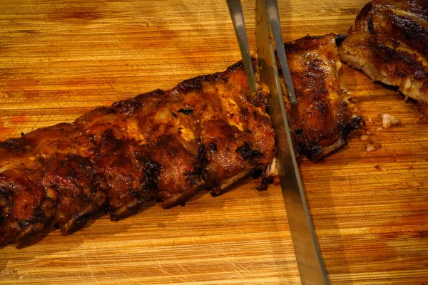 Pork ribs cooked on a wood chipper