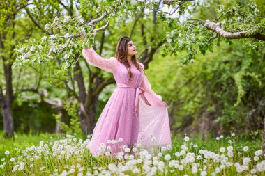 a young woman in a pink dress posing next to a blossoming apple, spring portrait.