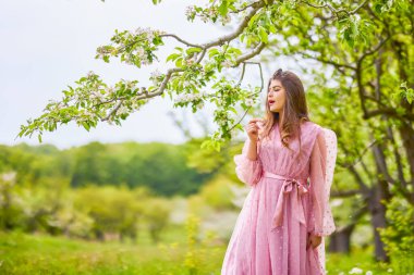 a young woman in a pink dress posing next to a blossoming apple, spring portrait.