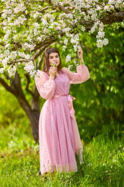 Pembe elbiseli genç bir kadın çiçek açan bir elmanın yanında poz veriyor, bahar portresi..