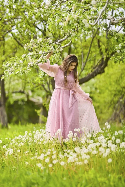 Una Joven Con Vestido Rosa Posando Junto Una Manzana Flor — Foto de Stock