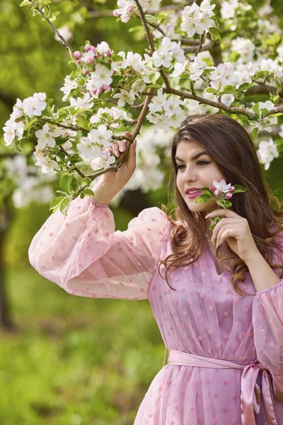 Młoda Kobieta Różowej Sukience Pozująca Obok Kwitnącego Jabłka Wiosenny Portret — Zdjęcie stockowe