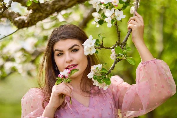 Young Woman Pink Dress Posing Next Blossoming Apple Spring Portrait — 스톡 사진