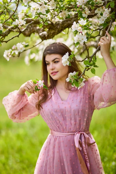 Young Woman Pink Dress Posing Next Blossoming Apple Spring Portrait — Stockfoto