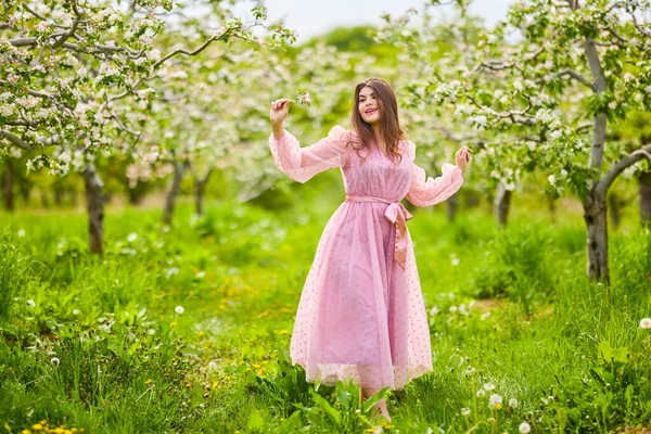 Young Woman Pink Dress Posing Next Blossoming Apple Spring Portrait — ストック写真