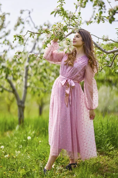 Young Woman Pink Dress Posing Next Blossoming Apple Spring Portrait — Foto Stock