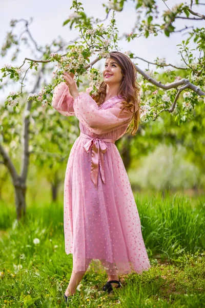 Young Woman Pink Dress Posing Next Blossoming Apple Spring Portrait — Stockfoto