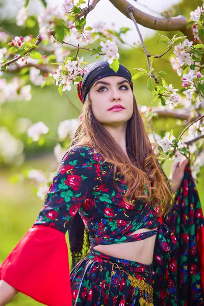 Beautiful Woman Traditional Gypsy Dress Posing Nature Spring — Zdjęcie stockowe