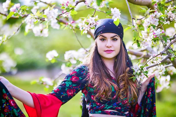 Beautiful Woman Traditional Gypsy Dress Posing Nature Spring — Fotografia de Stock