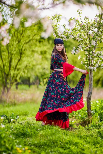 Beautiful Woman Traditional Gypsy Dress Posing Nature Spring — Foto de Stock