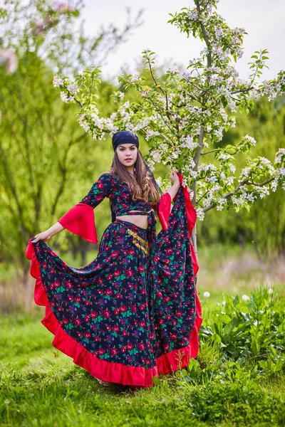 Beautiful Woman Traditional Gypsy Dress Posing Nature Spring — стоковое фото