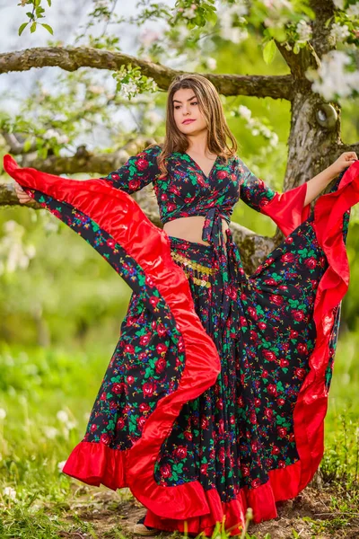 Bela Mulher Vestido Cigano Tradicional Posando Natureza Primavera — Fotografia de Stock