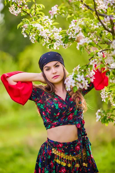 Beautiful Woman Traditional Gypsy Dress Posing Nature Spring — Zdjęcie stockowe