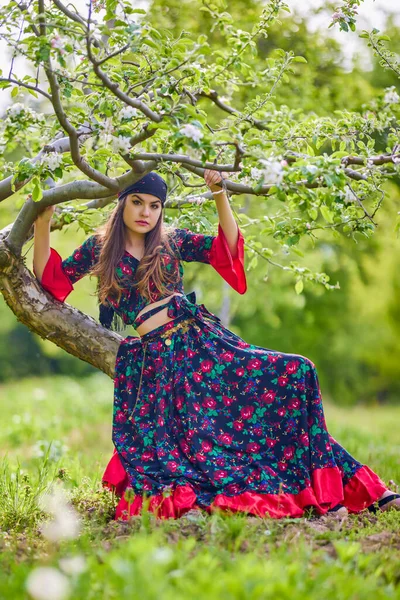 Beautiful Woman Traditional Gypsy Dress Posing Nature Spring — Stockfoto