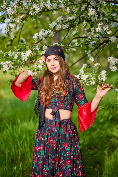 Beautiful Woman Traditional Gypsy Dress Posing Nature Spring — Stock Photo, Image