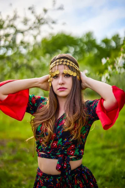 Bela Mulher Vestido Cigano Tradicional Posando Natureza Primavera — Fotografia de Stock