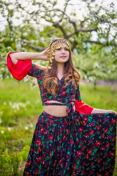 Bela Mulher Vestido Cigano Tradicional Posando Natureza Primavera — Fotografia de Stock