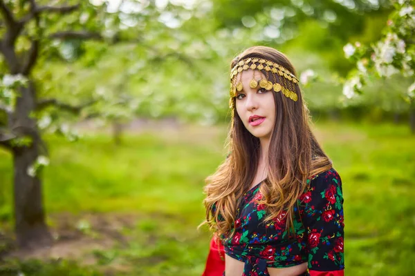Beautiful Woman Traditional Gypsy Dress Posing Nature Spring —  Fotos de Stock