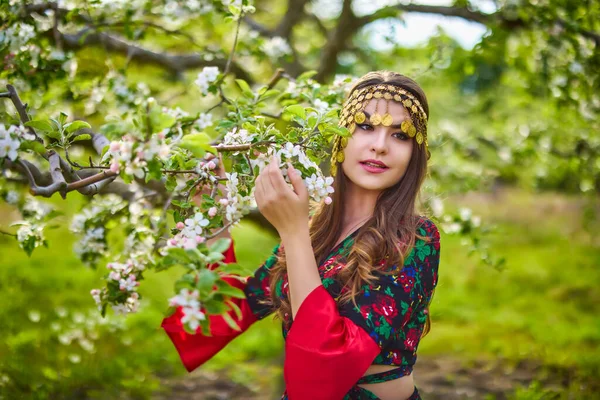 Beautiful Woman Traditional Gypsy Dress Posing Nature Spring — Stockfoto