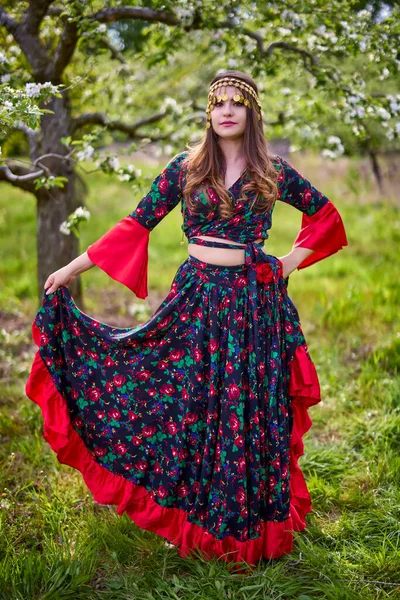 Beautiful Woman Traditional Gypsy Dress Posing Nature Spring — Foto de Stock