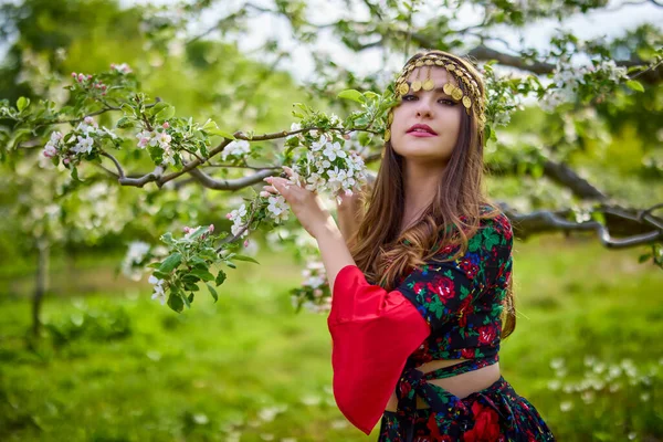 Beautiful Woman Traditional Gypsy Dress Posing Nature Spring — Foto de Stock