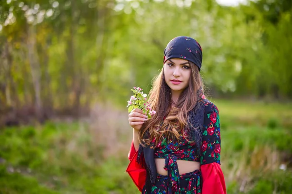 Mooie Vrouw Traditionele Zigeunerjurk Poseren Natuur Het Voorjaar — Stockfoto