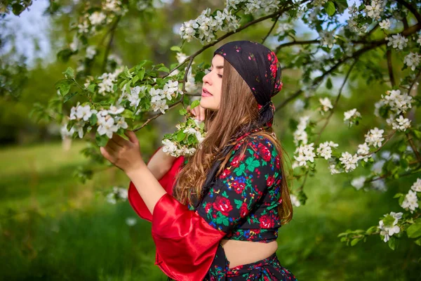 Beautiful Woman Traditional Gypsy Dress Posing Nature Spring — Fotografia de Stock