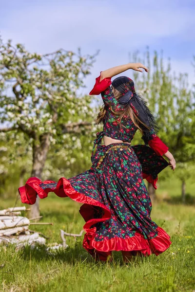 Beautiful Woman Traditional Gypsy Dress Posing Nature Spring — Stock Photo, Image