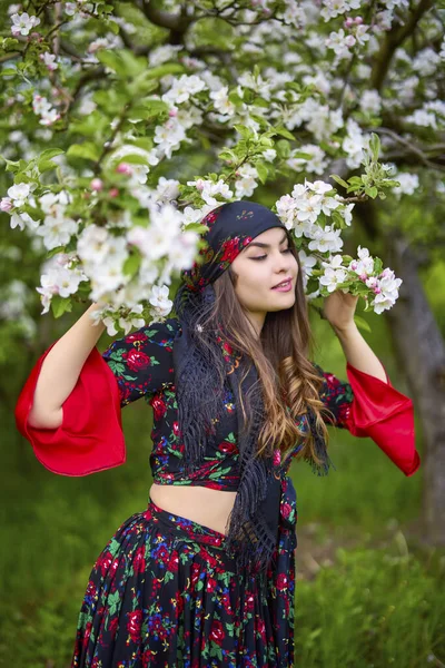 Beautiful Woman Traditional Gypsy Dress Posing Nature Spring — Zdjęcie stockowe