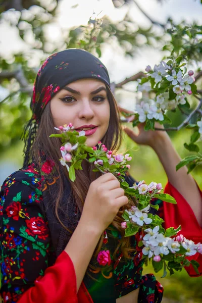 Piękna Kobieta Tradycyjnej Cygańskiej Sukni Pozowanie Przyrodzie Wiosną — Zdjęcie stockowe