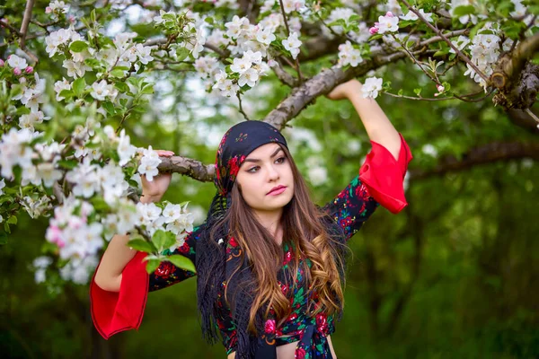 Vacker Kvinna Traditionell Zigenarklänning Poserar Naturen Våren — Stockfoto
