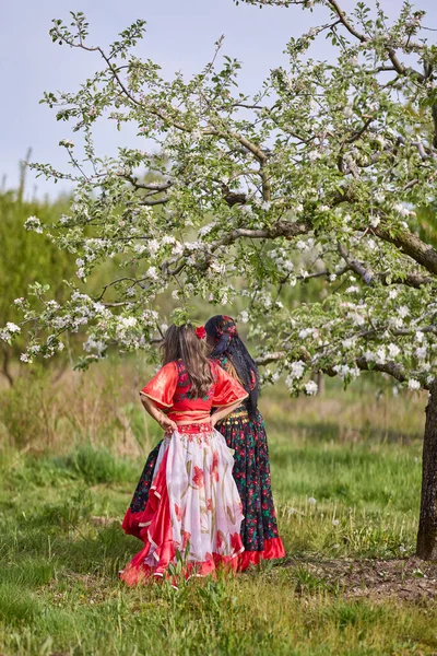 Two Dancers Traditional Gypsy Dresses Dance Nature Spring Day — Fotografia de Stock