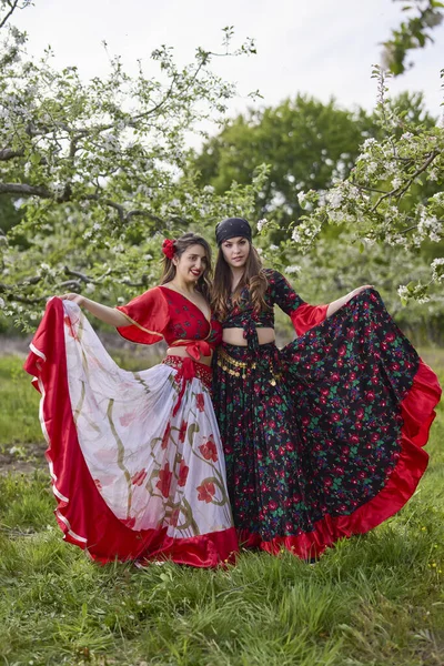 Two Dancers Traditional Gypsy Dresses Dance Nature Spring Day — Fotografia de Stock