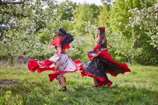 Two Dancers Traditional Gypsy Dresses Dance Nature Spring Day — Fotografia de Stock