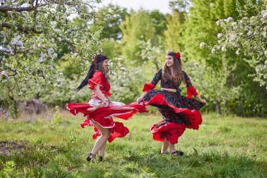 Geleneksel çingene elbiseli iki dansçı bahar günü doğada dans eder.