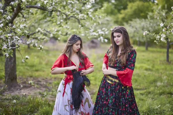 Two Dancers Traditional Gypsy Dresses Dance Nature Spring Day — Fotografia de Stock