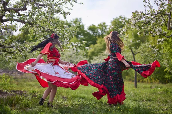 Geleneksel Çingene Elbiseli Iki Dansçı Bahar Günü Doğada Dans Eder — Stok fotoğraf