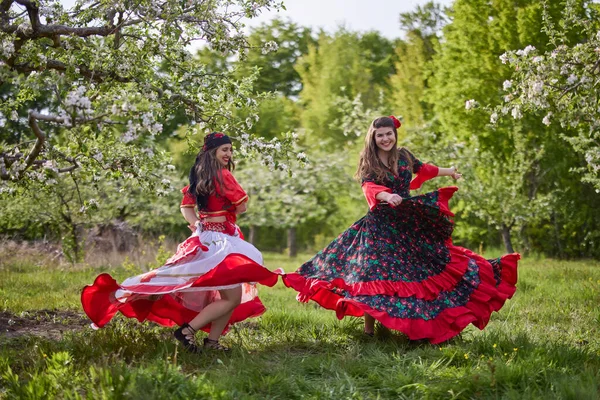 Two Dancers Traditional Gypsy Dresses Dance Nature Spring Day — Fotografia de Stock