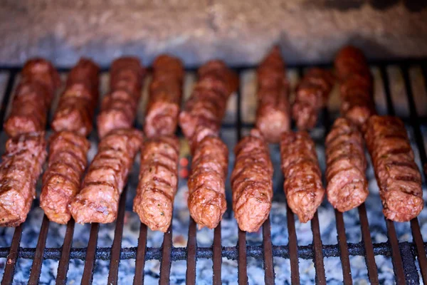 Preparing Meat Rolls Called Mici Mititei Barbecue Close Grill Burning — Stock Photo, Image