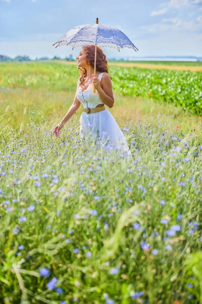 Girl White Summer Dress Umbrella Stands High Grass Countryside — Stock Photo, Image