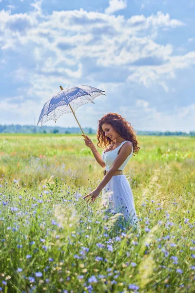 Girl White Summer Dress Umbrella Stands High Grass Countryside — Stock Photo, Image