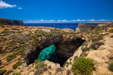 Comino, Malta 11 Temmuz 2022. Ünlü Mavi Göl 'ün görüntüleri. Malta.